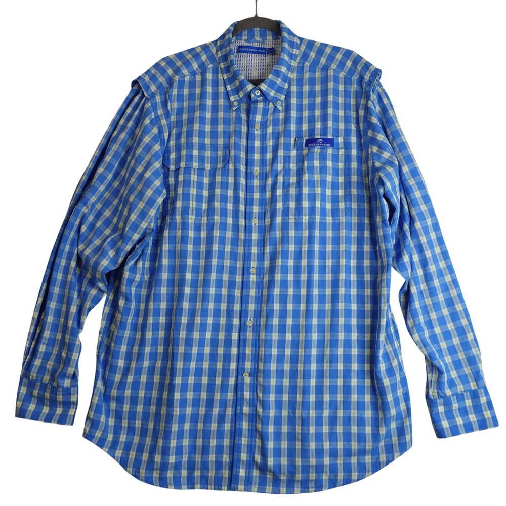 Southern Tide Fishing Shirt Mens XL Blue Plaid Performance Long Sleeve Vent Gorp